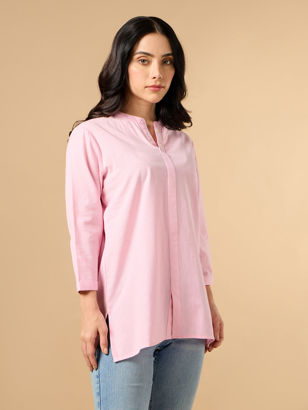 Classic Linen Baby Pink Short Kurta