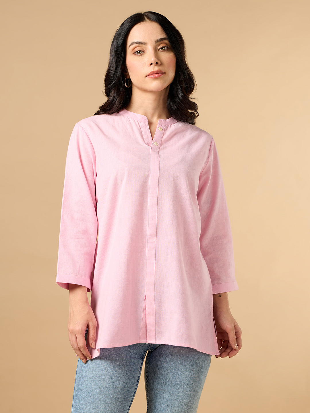 Classic Linen Baby Pink Short Kurta