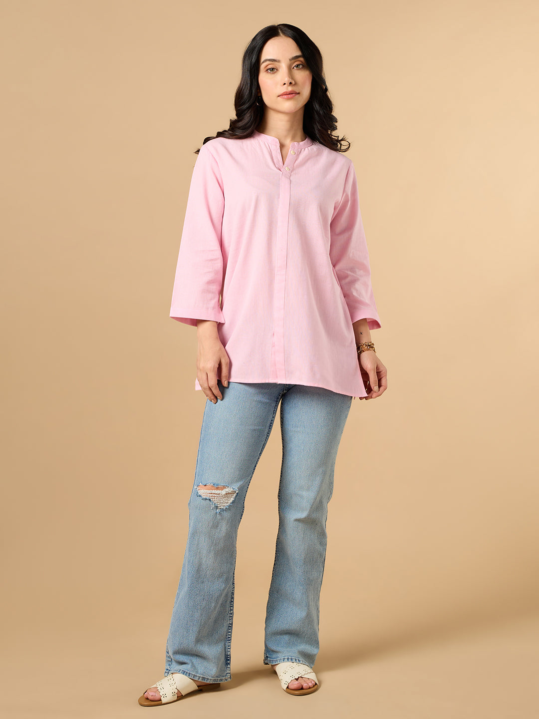 Classic Linen Baby Pink Short Kurta