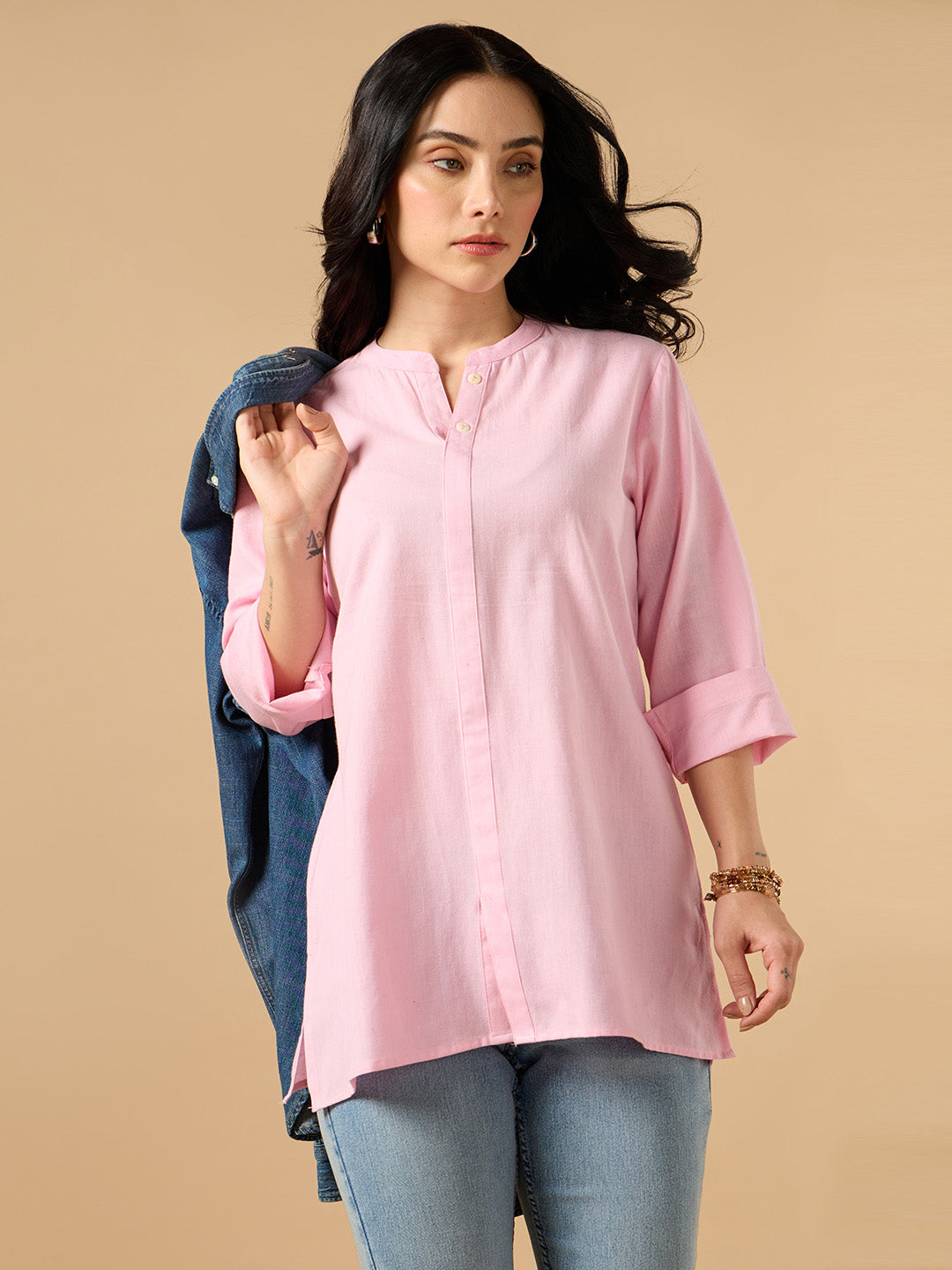 Classic Linen Baby Pink Short Kurta