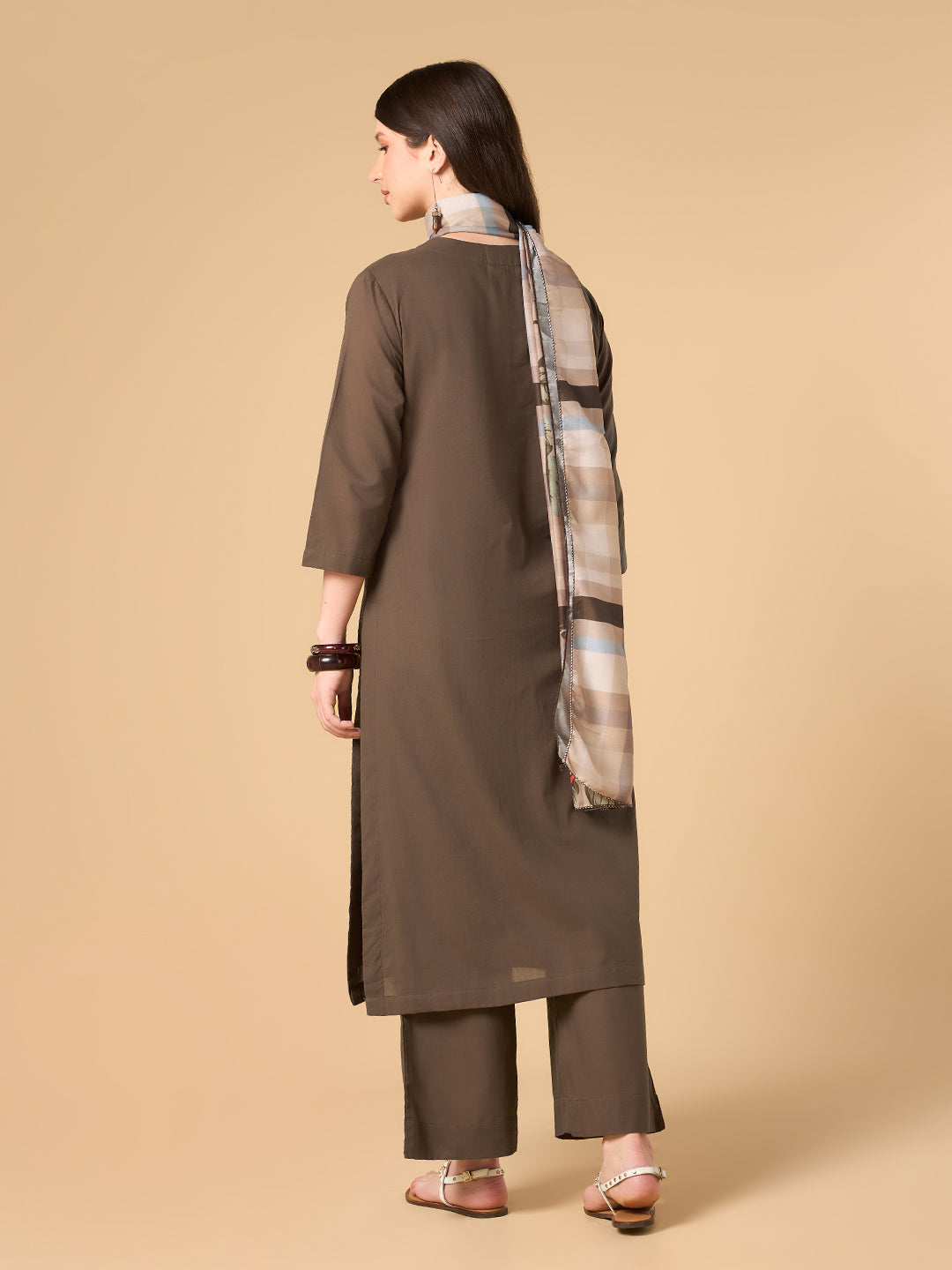 Brown Solid Cotton Suit
