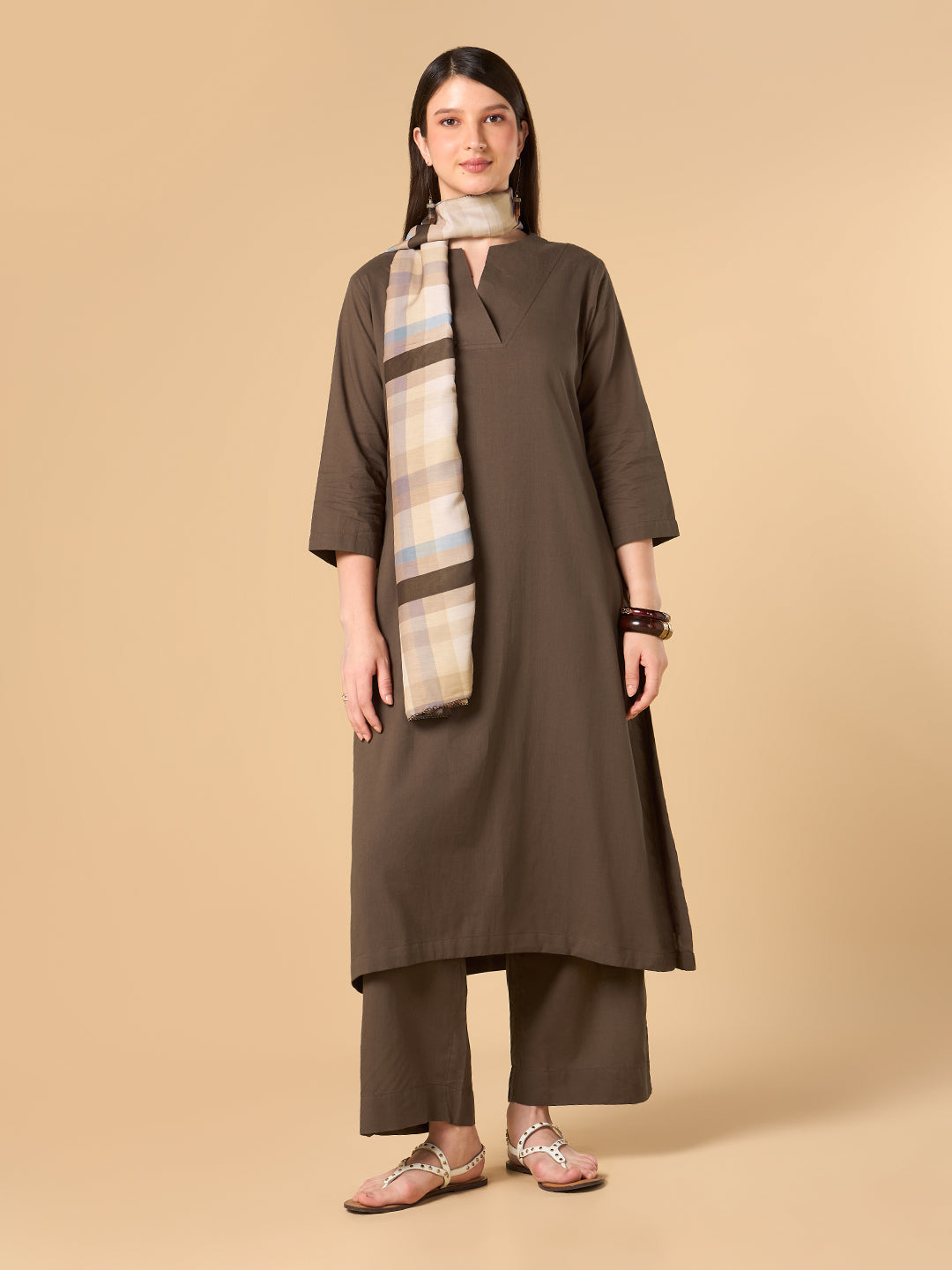 Brown Solid Cotton Suit