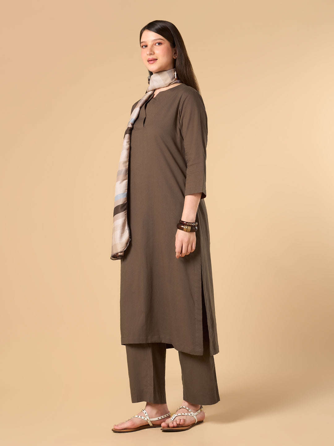 Brown Solid Cotton Suit