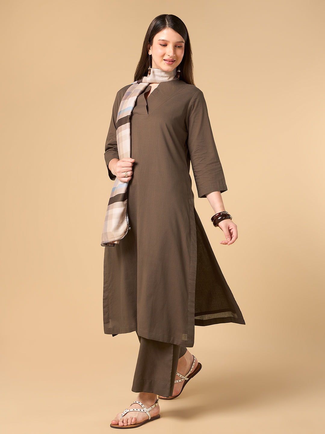 Brown Solid Cotton Suit