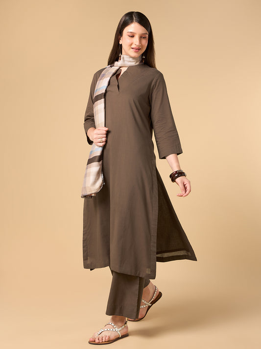 Brown Solid Cotton Suit