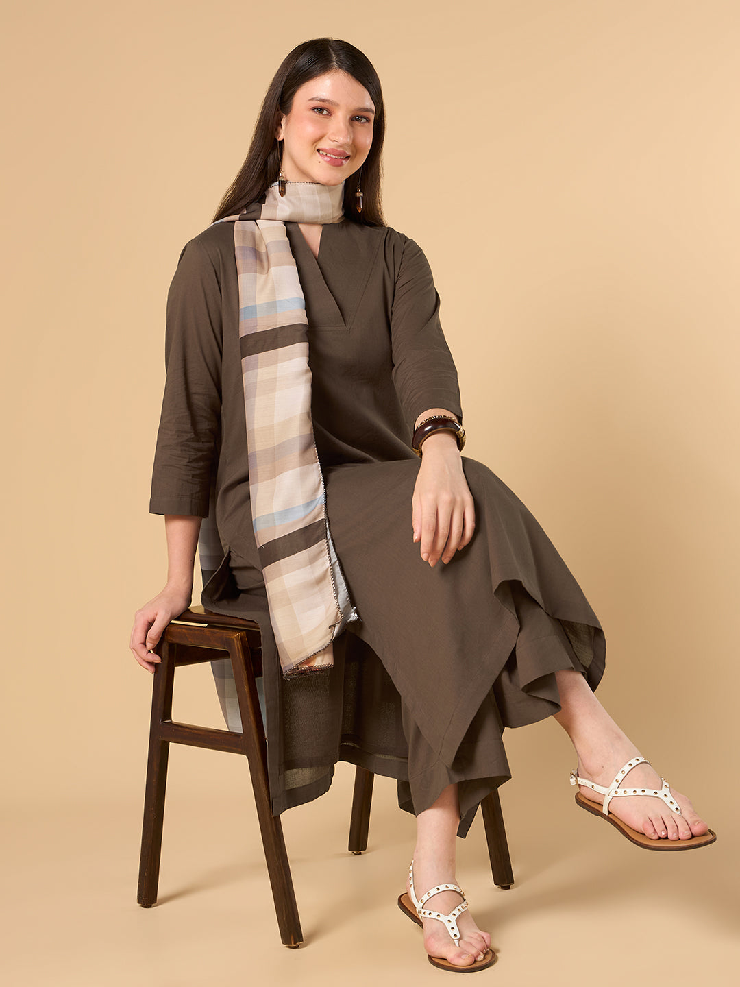 Brown Solid Cotton Suit