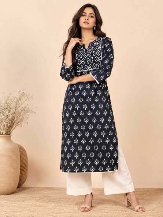 Black Leaf Print Lace Work Cotton Kurta
