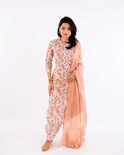 Blushing Peach Mirror Work Cotton Plus Size Suit