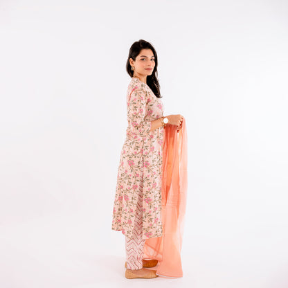 Blushing Peach Mirror Work Cotton Plus Size Suit