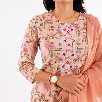 Blushing Peach Mirror Work Cotton Plus Size Suit