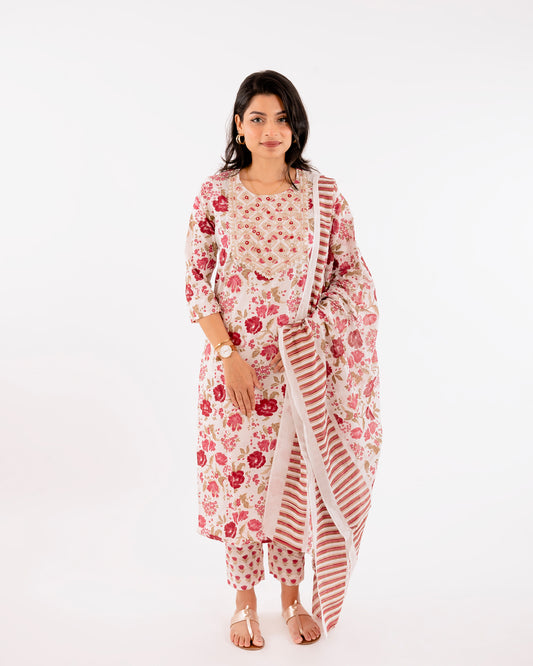 Mulberry Floral Printed Festive Cotton Suit