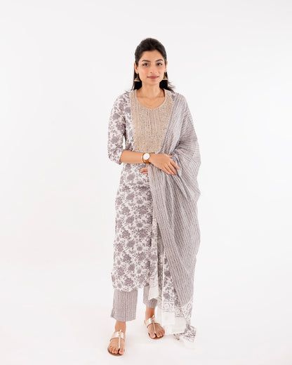 Smoke Grey Printed Festive Cotton Suit