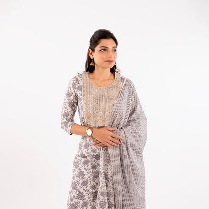 Smoke Grey Printed Festive Cotton Suit