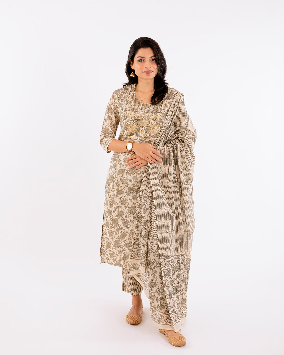 Coffee And Cream Sequence Work Cotton Suit