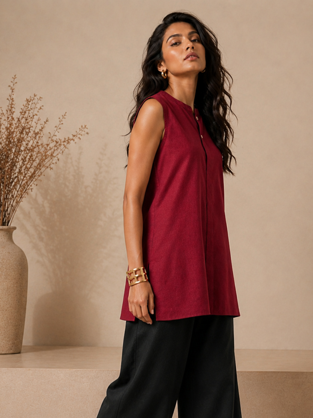 Linen Maroon Solid Short Kurta