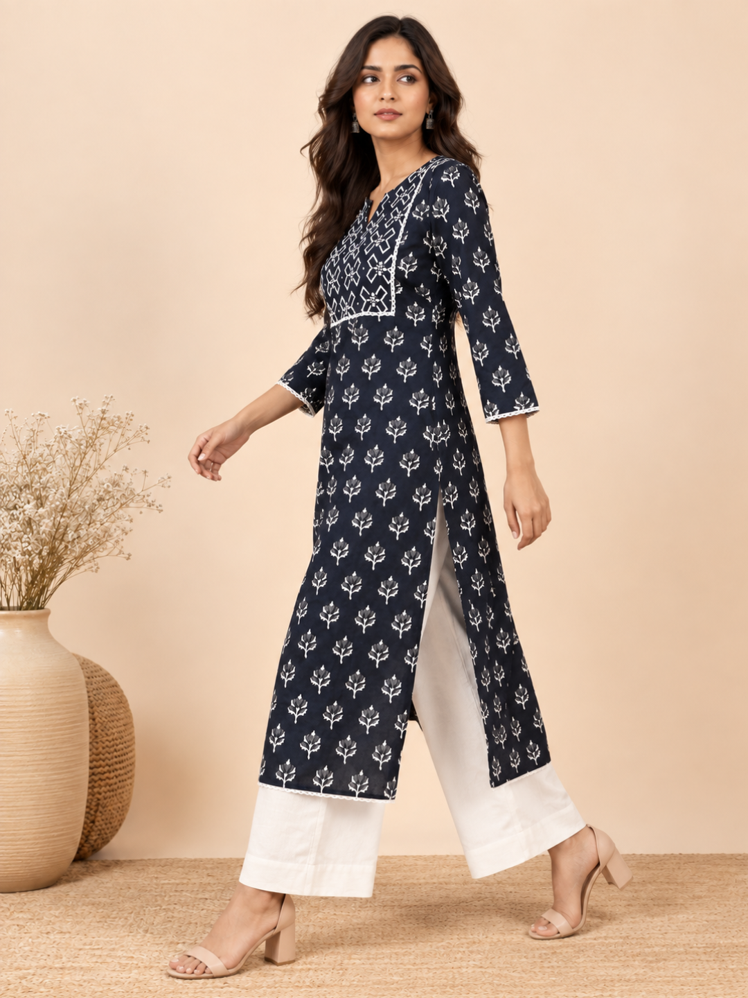 Black Leaf Print Lace Work Cotton Kurta