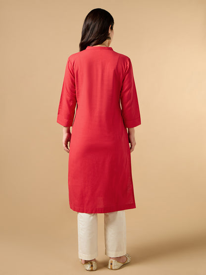 Classic Linen Red Straight Long Kurta