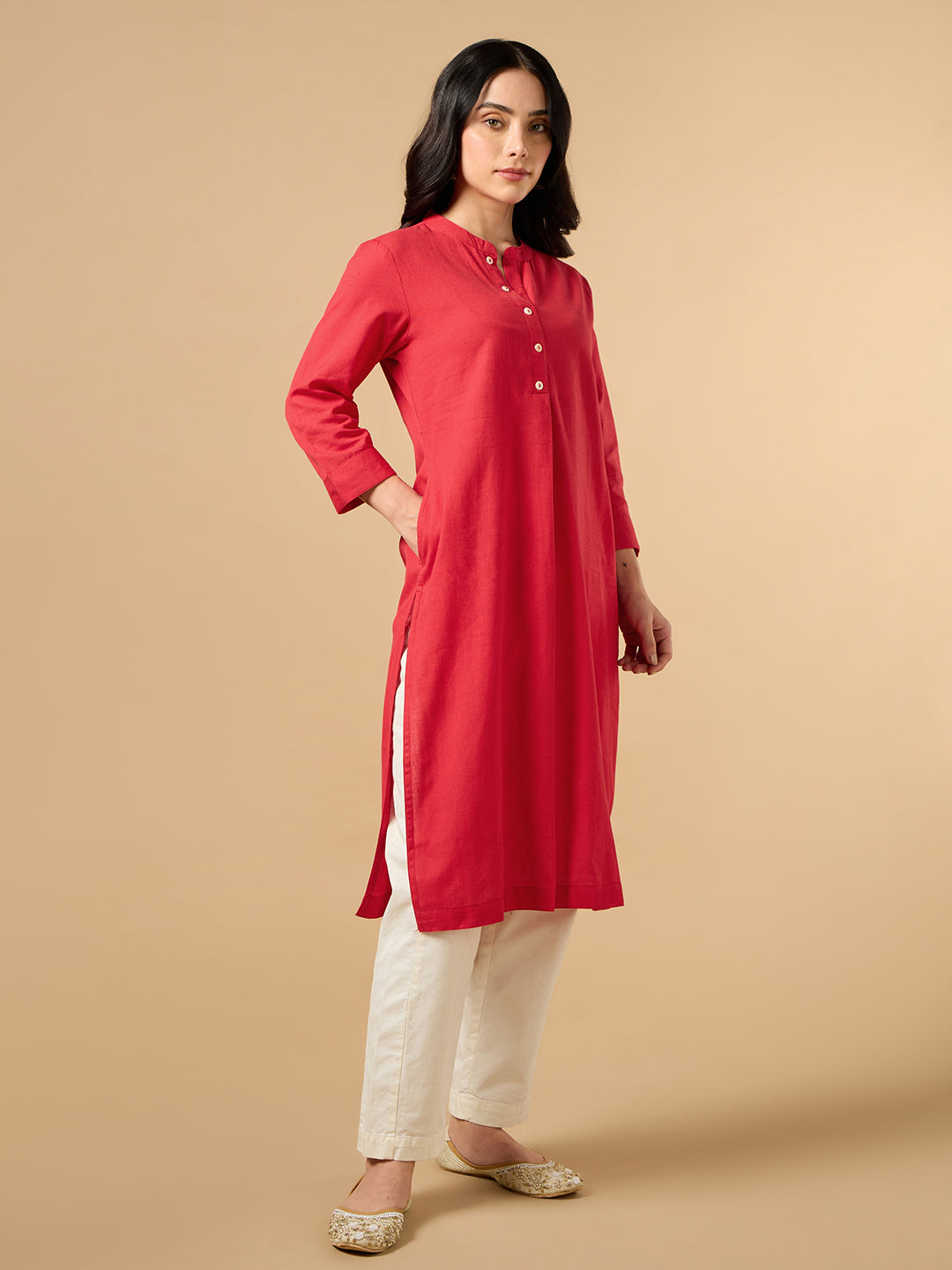 Classic Linen Red Straight Long Kurta