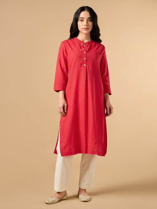 Classic Linen Red Straight Long Kurta