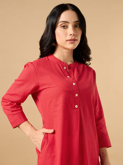 Classic Linen Red Straight Long Kurta