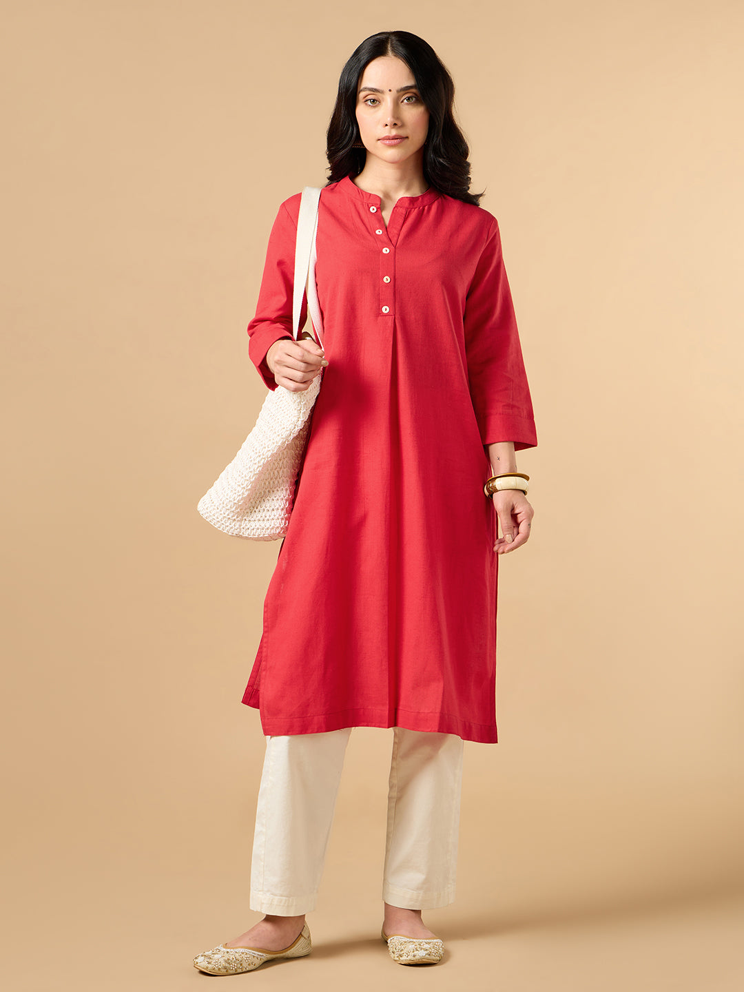 Classic Linen Red Straight Long Kurta