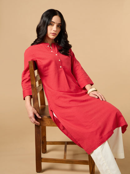 Classic Linen Red Straight Long Kurta