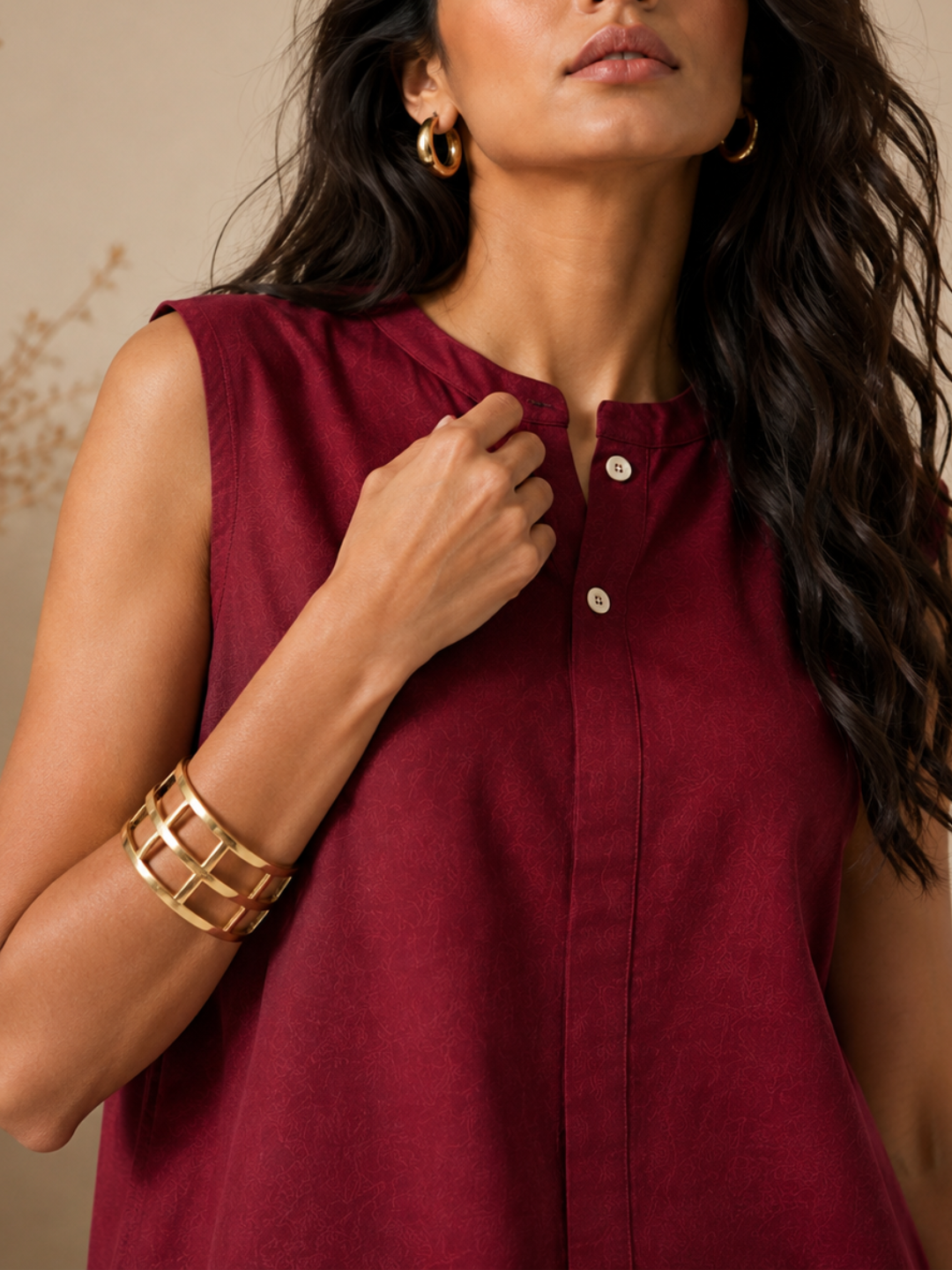 Linen Maroon Solid Short Kurta
