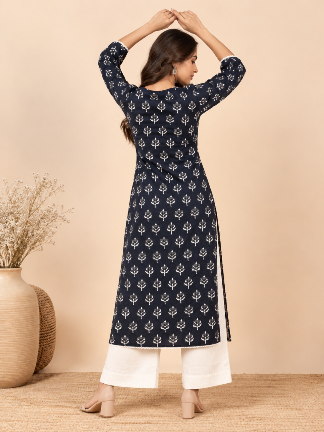 Black Leaf Print Lace Work Cotton Kurta