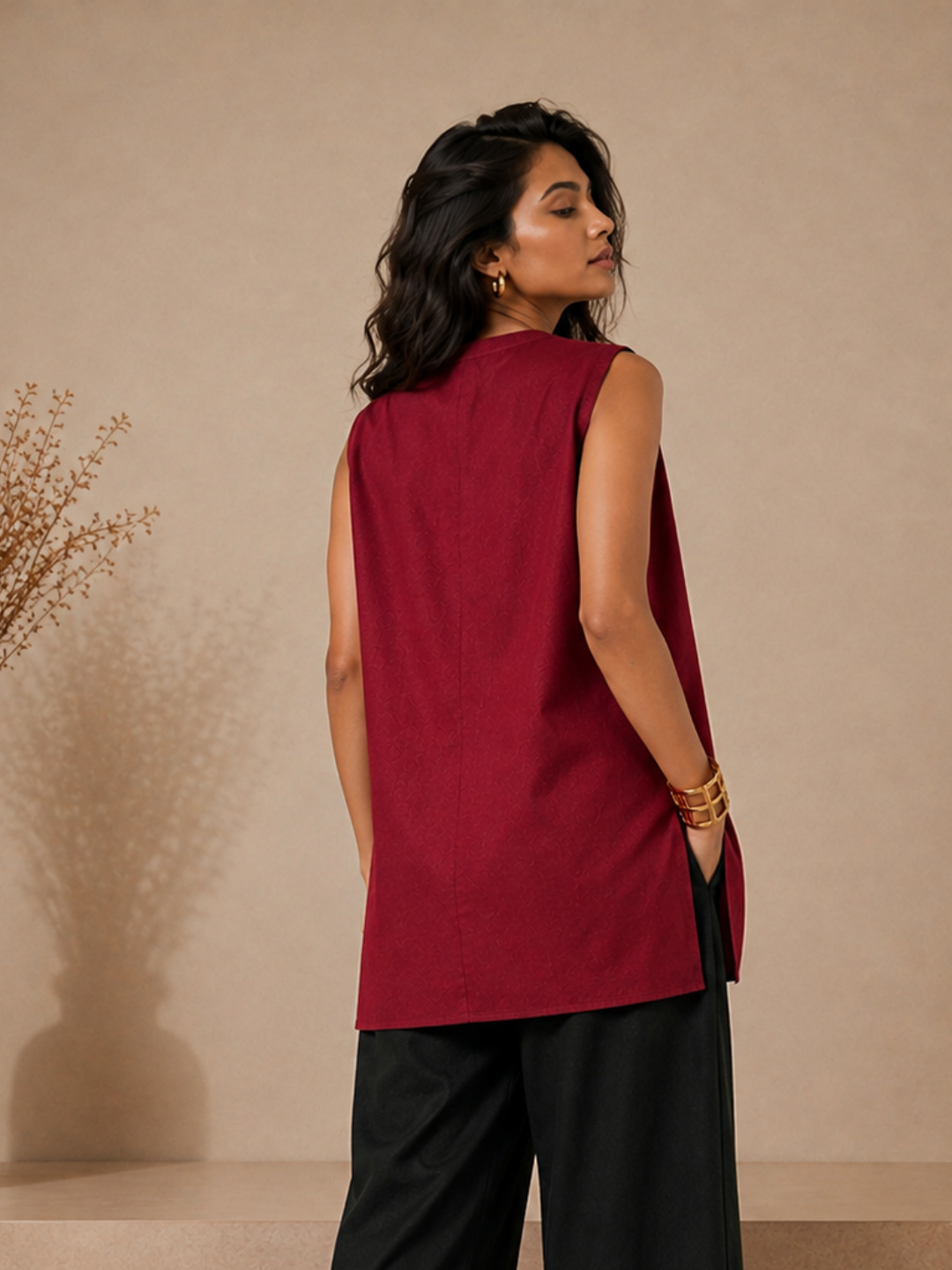 Linen Maroon Solid Short Kurta