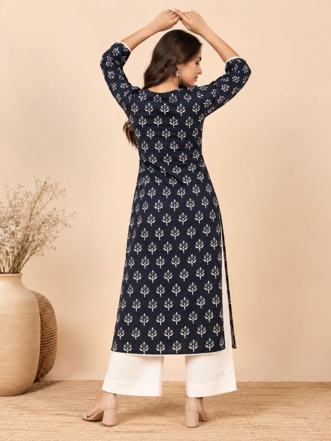 Black Leaf Print Lace Work Cotton Kurta