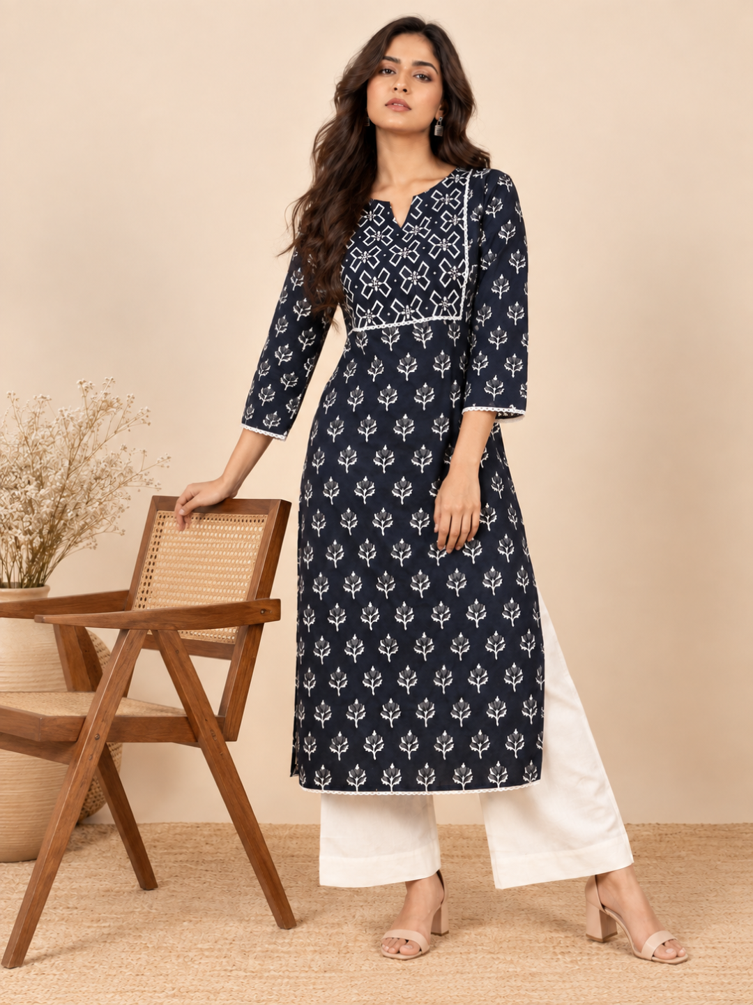 Black Leaf Print Lace Work Cotton Kurta