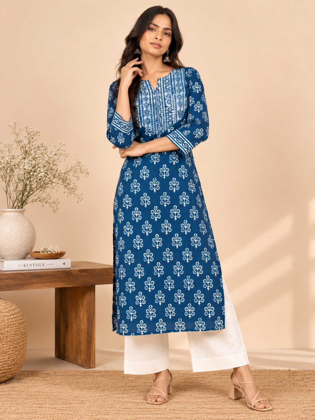 Indigo Peacock Feather Print Cotton Kurta