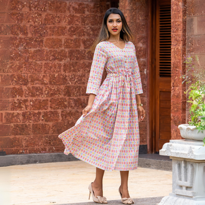 Pink Block Printed Cotton Dress