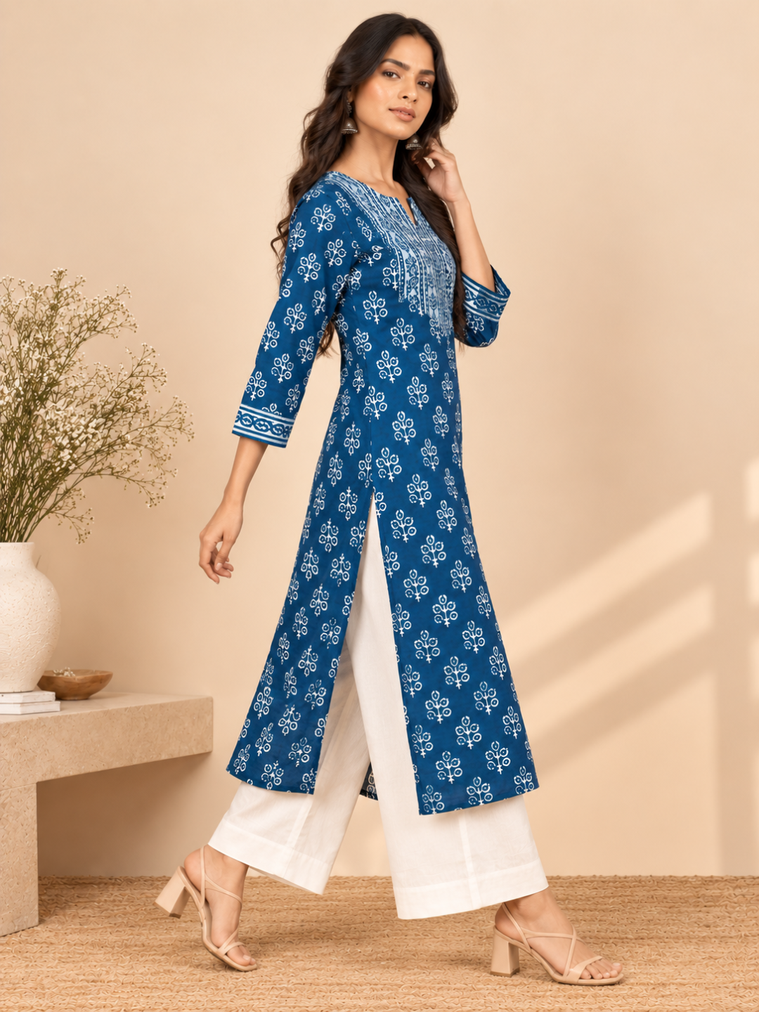 Indigo Peacock Feather Print Cotton Kurta