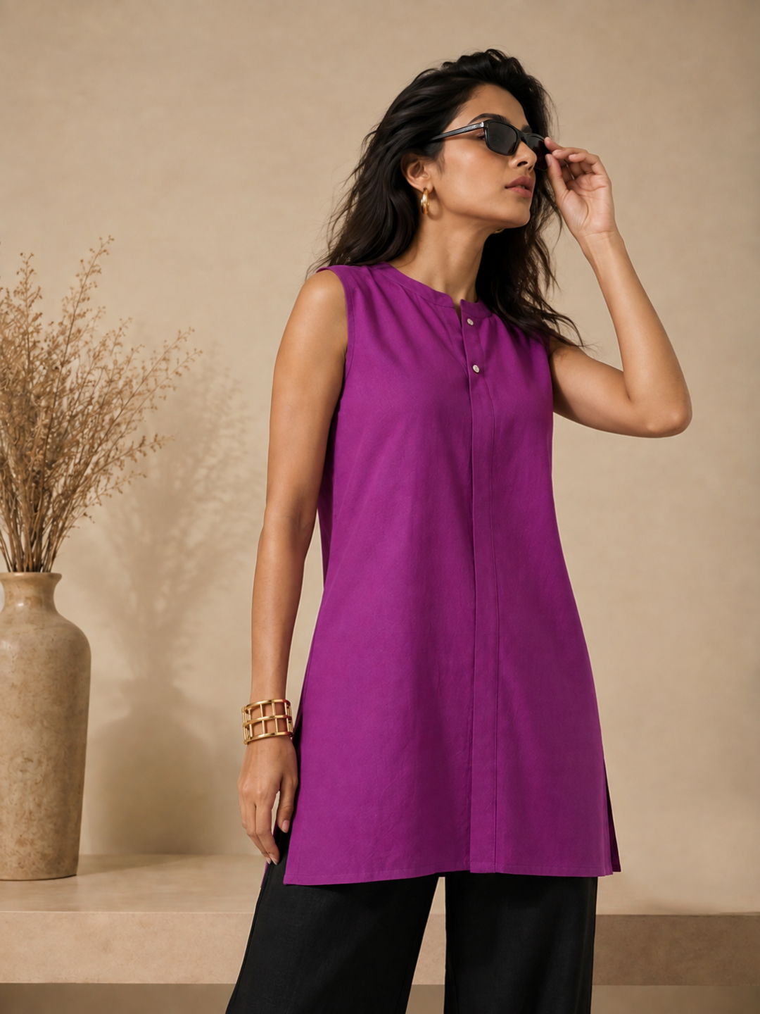Linen Purple Solid Short kurta