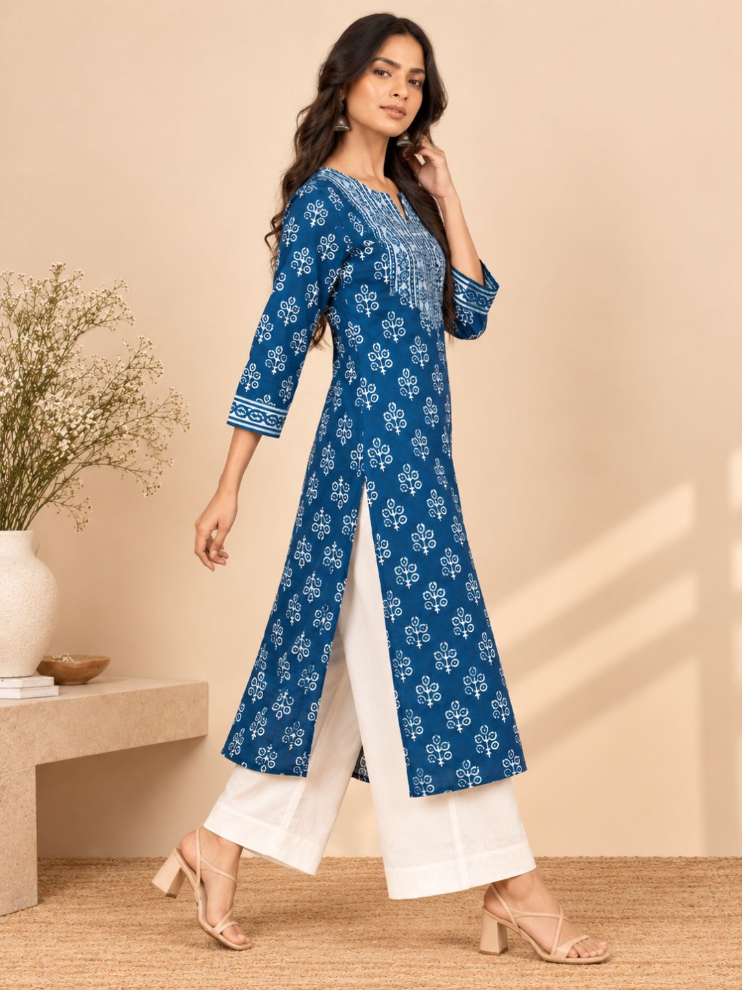 Indigo Peacock Feather Print Cotton Kurta