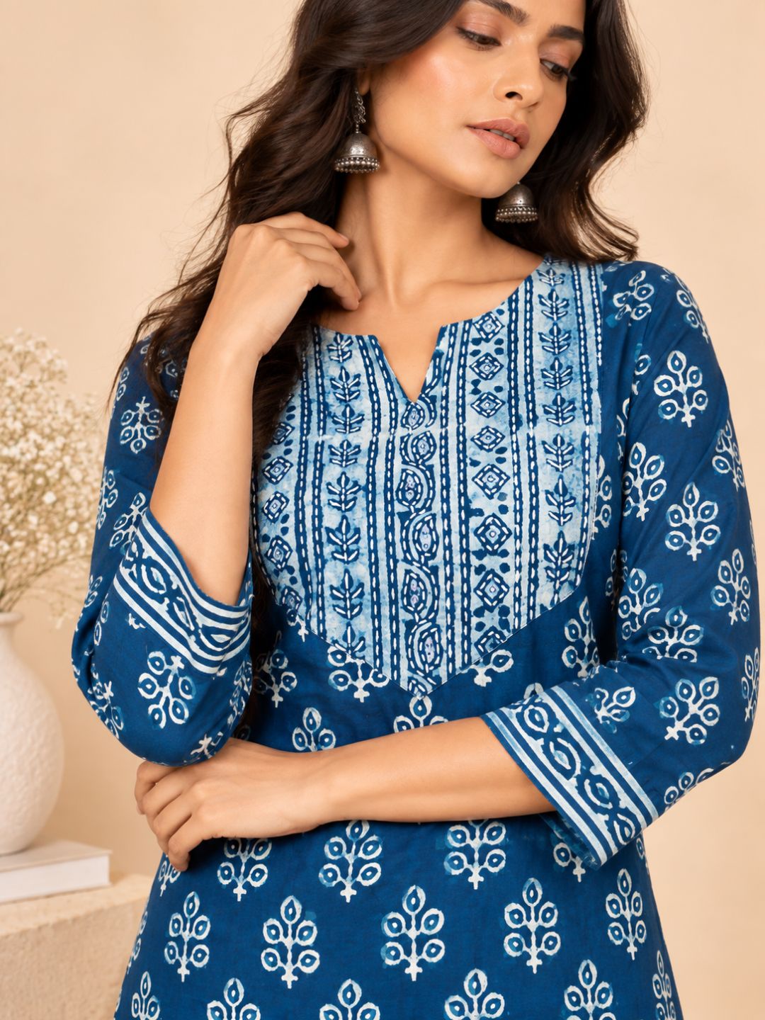 Indigo Peacock Feather Print Cotton Kurta