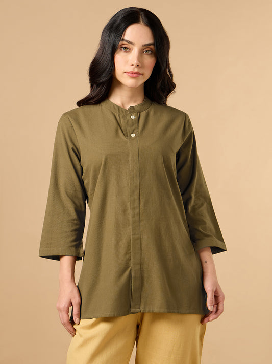 Classic Linen Olive Green Short Kurta