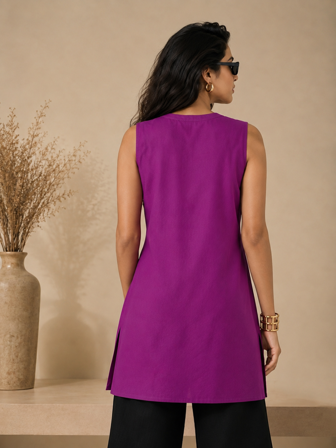 Linen Purple Solid Short kurta