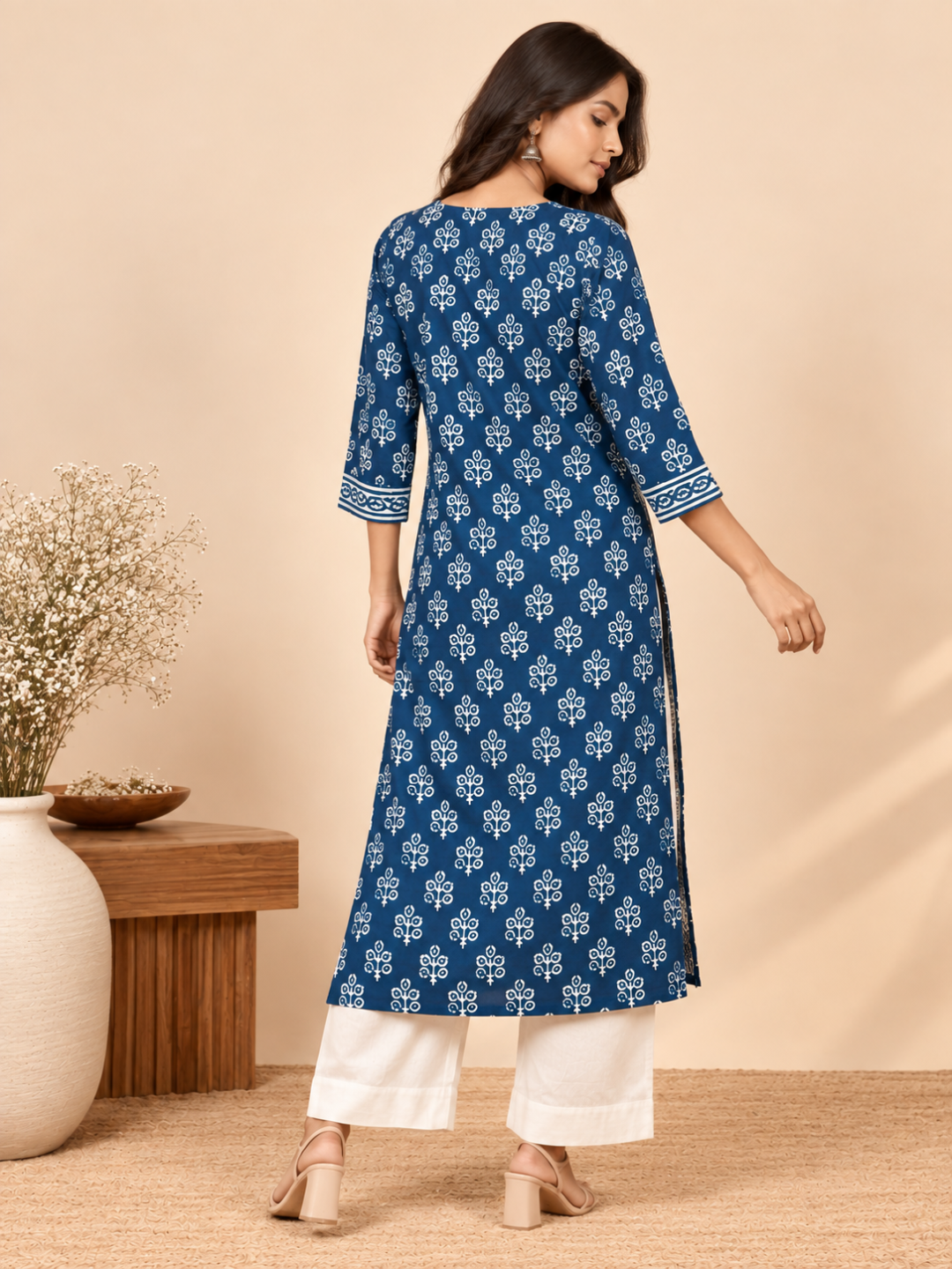 Indigo Peacock Feather Print Cotton Kurta
