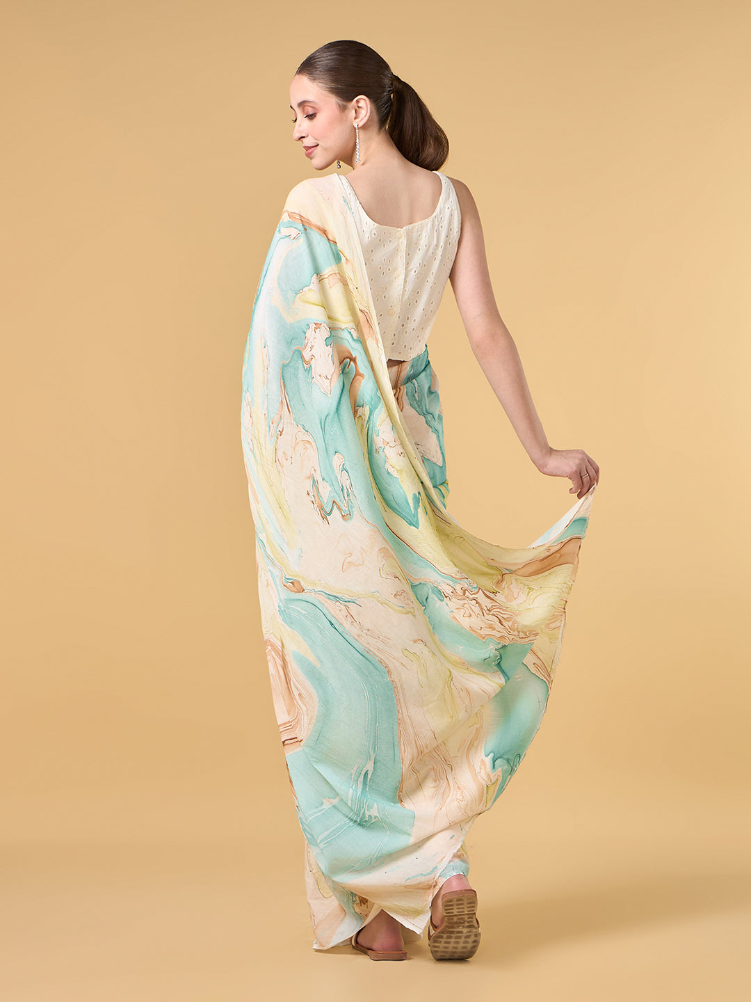 Ocean Blue Hand Marble Printed Cotton Saree