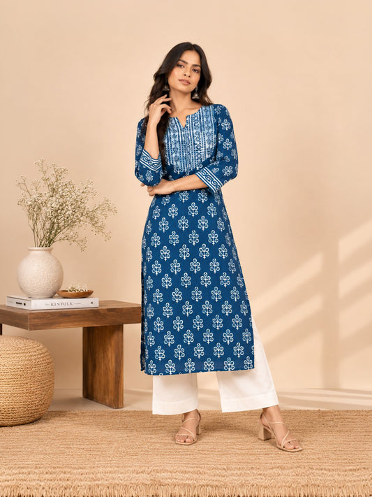 Indigo Peacock Feather Print Cotton Kurta