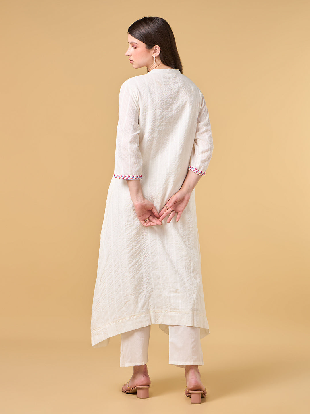 Off White Floral Embroidered Cotton Kurta Set