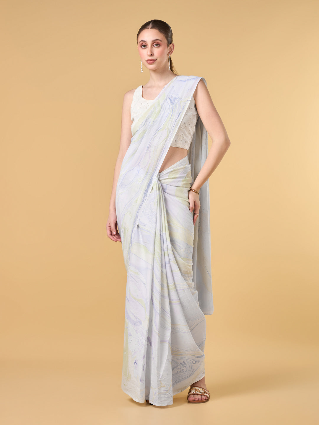 Purple Paradise Hand Marble Printed Cotton Saree