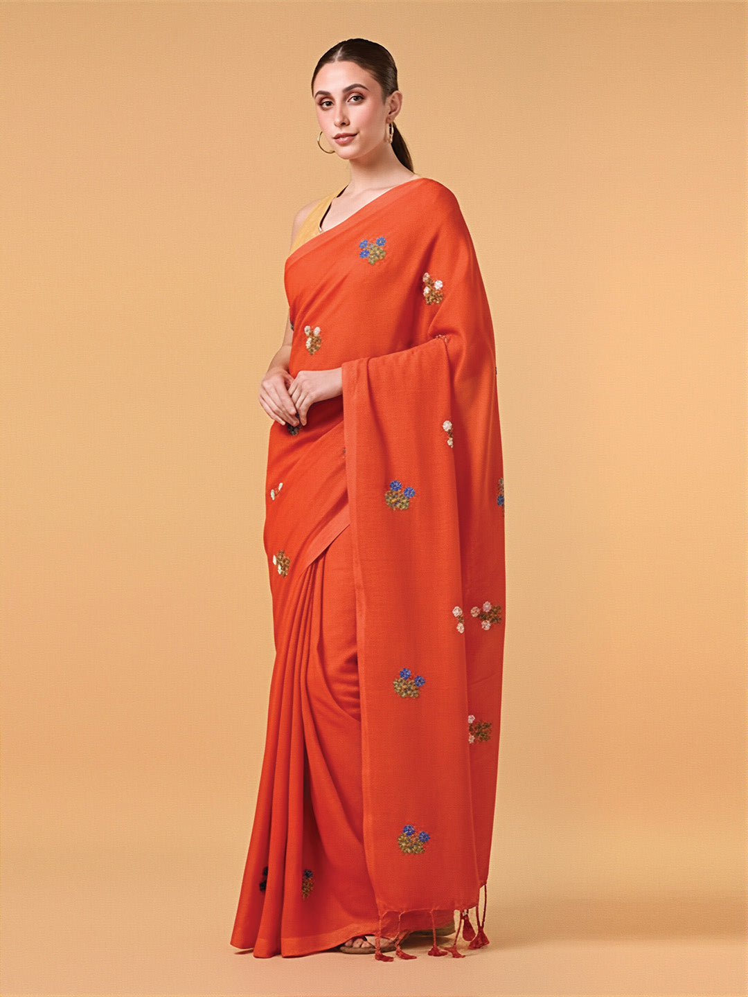 Saffron Floral Embroidered Cotton Saree