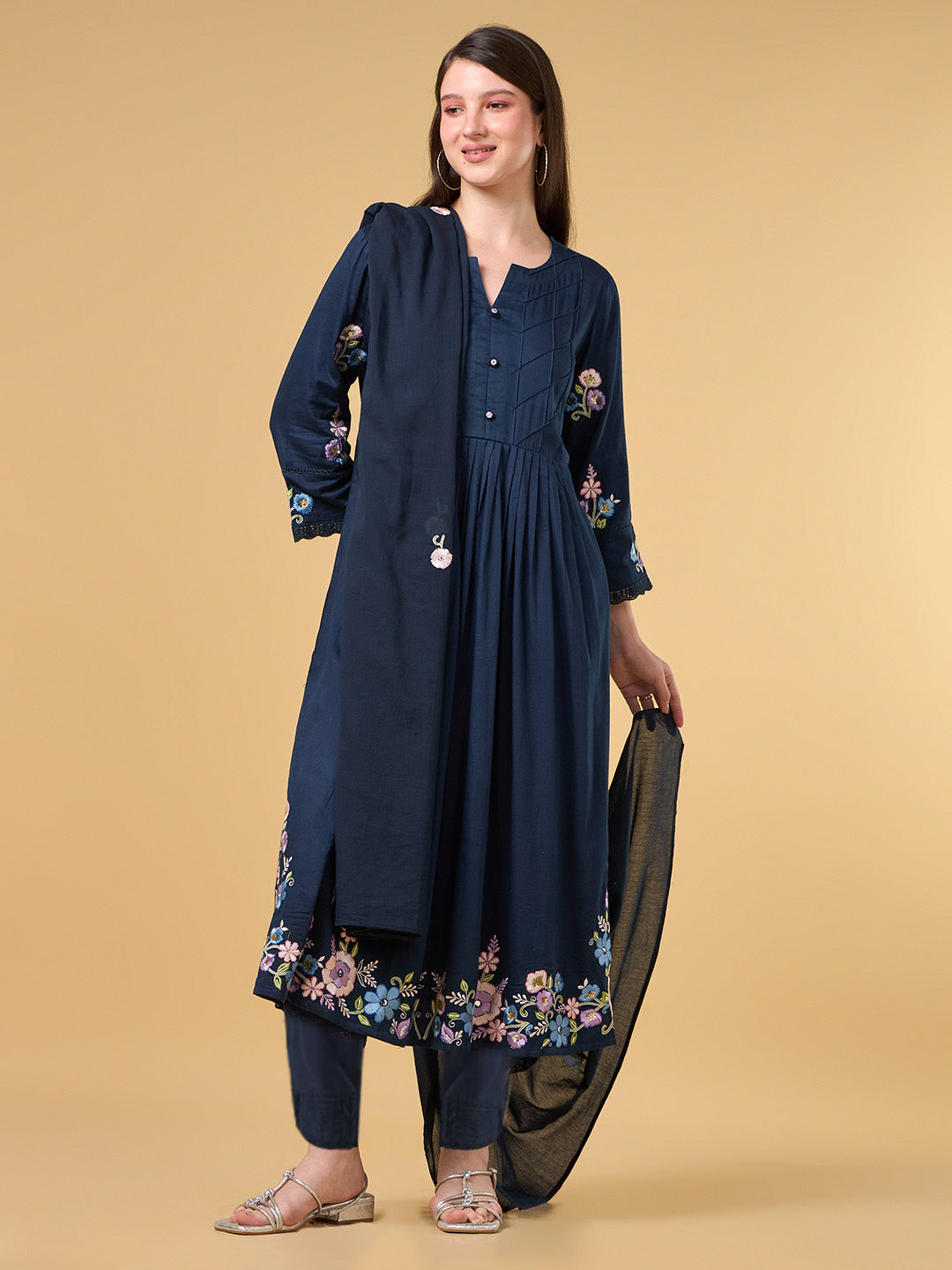 Navy Blue Embroidered Cotton Suit