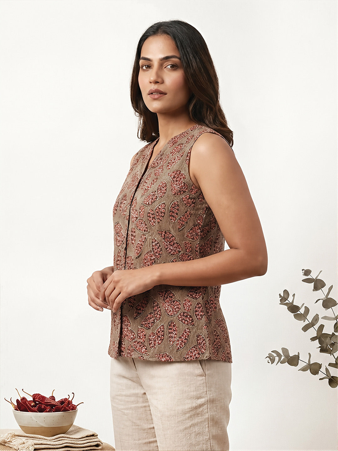 Grey Leaf Print short kurta