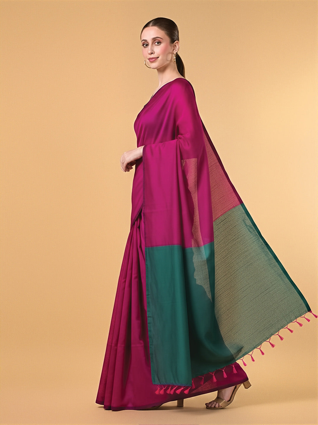 Pink Teal Green Contrast Cotton Saree