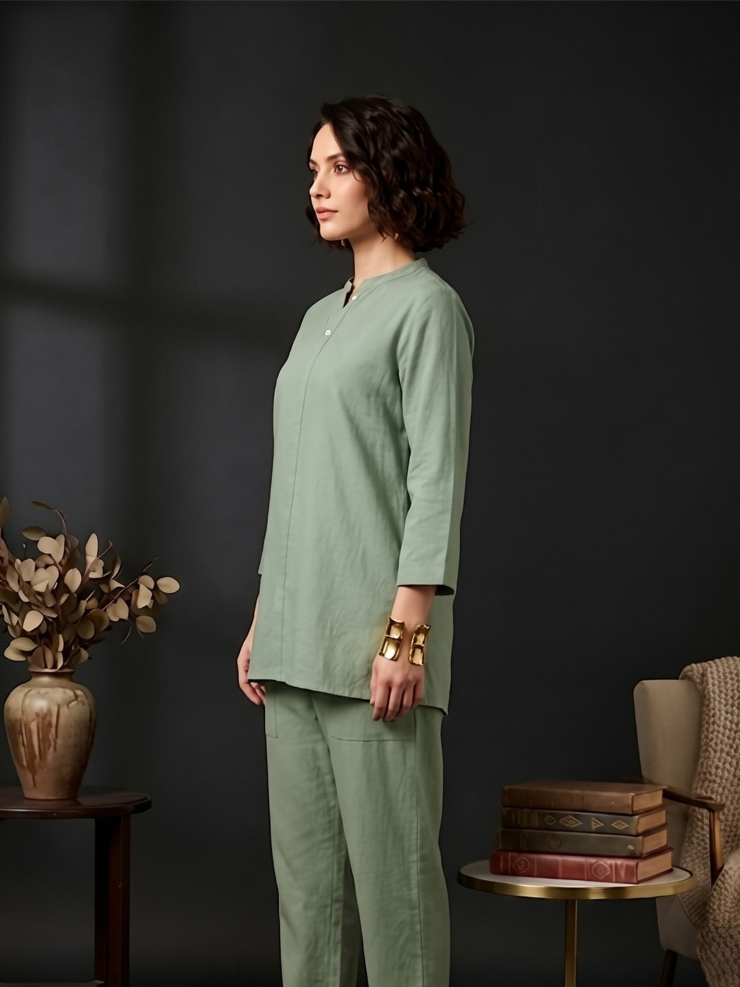 Classic Linen Smoke Green Short Kurta