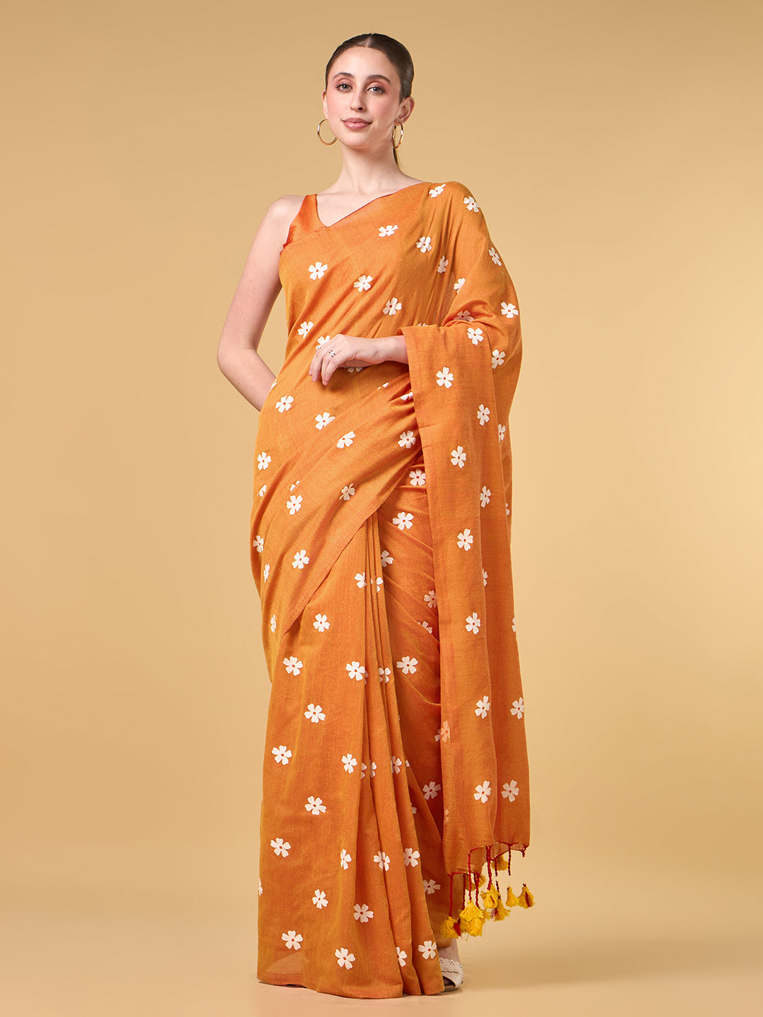 Saffron Parijat Handpainted Cotton Saree